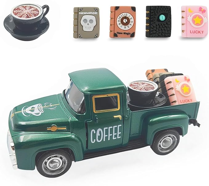 Vintage Mini Metal Pickup Truck with The Coffee Decor and The 4 Books,for Home Farmhouse Kitchen Decor & Coffee Decorations (Coffee-Green)