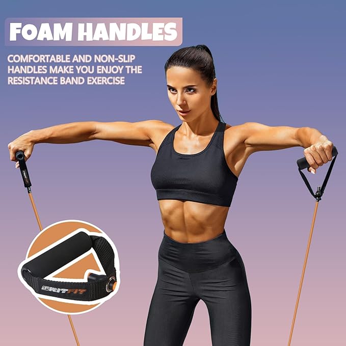 RitFit Single Resistance Exercise Band with Comfortable Handles - Ideal for Physical Therapy, Strength Training, Muscle Toning - Foam Padding Door Anchor and Starter Guide Included