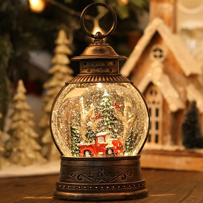 Red Truck Christmas Snow Globes, Light Up Musical Snow Globe Christmas Decorations, 6H Timer, USB/Battery Operated, Red Truck Indoor Home Décor