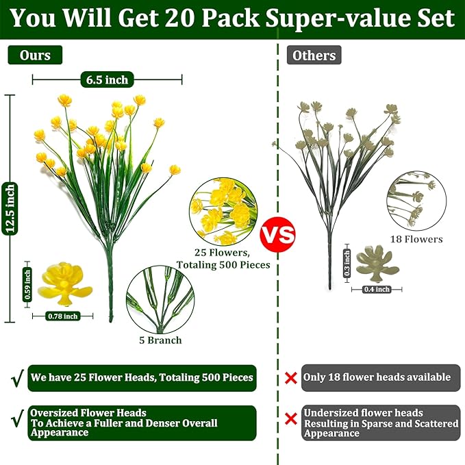 TURNMEON 20 Bundles Artificial Flowers for Outdoors Fake Plants Spring Decor, UV Resistant Artificial Plants Cemetery Flowers Faux Plastic Greenery Shrubs for Porch Yard Summer Decor 500 Heads(Yellow)