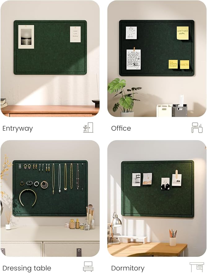 Fluxynara Bulletin Board, 23.6" x 17.5" Cork Board Alternative with 12 Safe Removable Adhesive Tabs, Foldable Felt Pin Board for Home Office, Classroom, Bedroom,Entryway for Walls—Pine Green