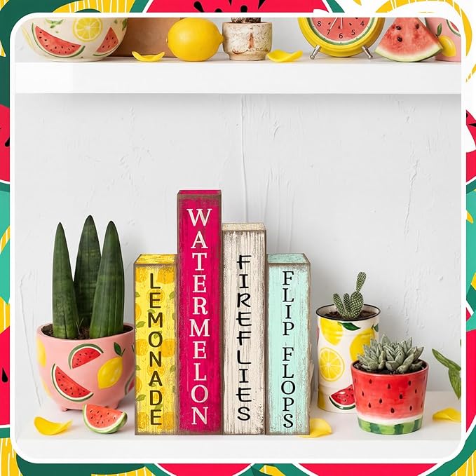 Lineshading 4 Pcs Summer Table Decoration Wooden Book Lemon Watermelon Wooden Sign Yellow and Red Summer Tiered Tray Decor Wood Book Sign Farmhouse for Home Shelf Coffee Table