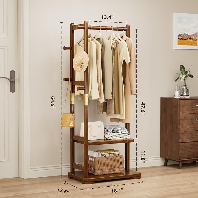 Coat Rack Solid Wood Clothes Rack with 2 Shelves & 4 Hooks for Hanging Clothes Garment Wallets Hats, Clothing Rack Coat Rack Freestanding Hall Tree with Storage for Hallway Bedroom Living Room