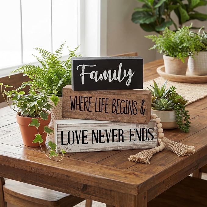 Yuntau 4 Pcs Farmhouse Family Tabletop Decor Tiered Tray Decor Rustic Wood Decorative Stacked Sign Block Gift Retro Bead Garland Family Where Life Begins Love Never Ends Table for Home Shelf Office