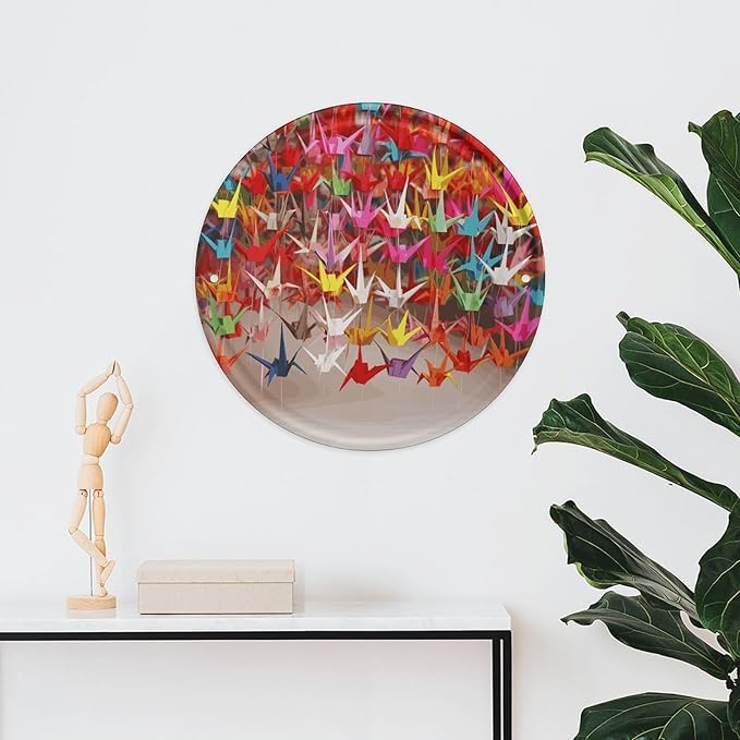 Wall Picture, with Origami Paper Cranes Printed Circular Iron Hanging Picture,Wall Art Decor,Home for Bedroom Living Room Bathroom Decor,Iron Painting 11.8X11.8 in