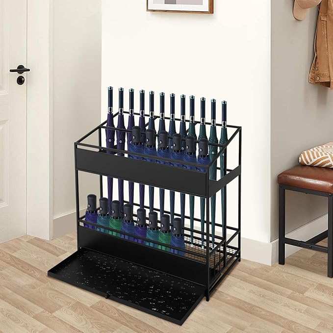 Commercial Metal Umbrella Stand Rack – Heavy Duty Free Standing Organizer with Removable Drip Tray, Entrance Umbrella Organizer for Entryway Home Office Hotel, 26.8x12.6x27.6in (Black)