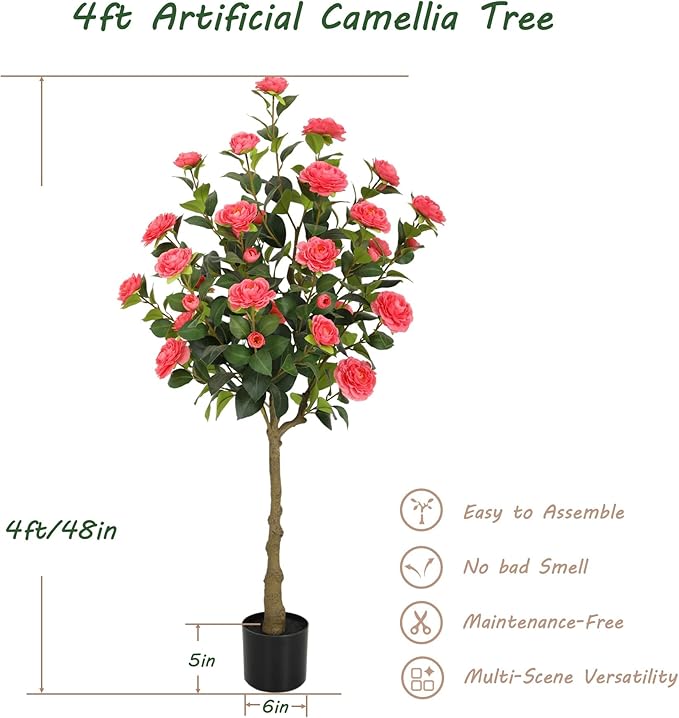 Bellacat 4ft Artificial Camellia Tree with Silk Pink Flowers, 48in Faux Camellia Plant with Lifelike Trunk, Fake Flower Tree Potted Front Door Plants for Porch Patio Deck Living Room Decor, 2Pack