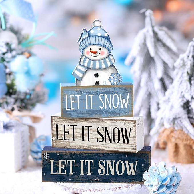 Lineshading 4 Pcs Christmas Table Decoration Blue and White Snowman Decor Winter Tiered Tray Decor Christmas Centerpiece Decorative Wooden Snowman Block Sign Gift Winter Decoration for Home Kitchen