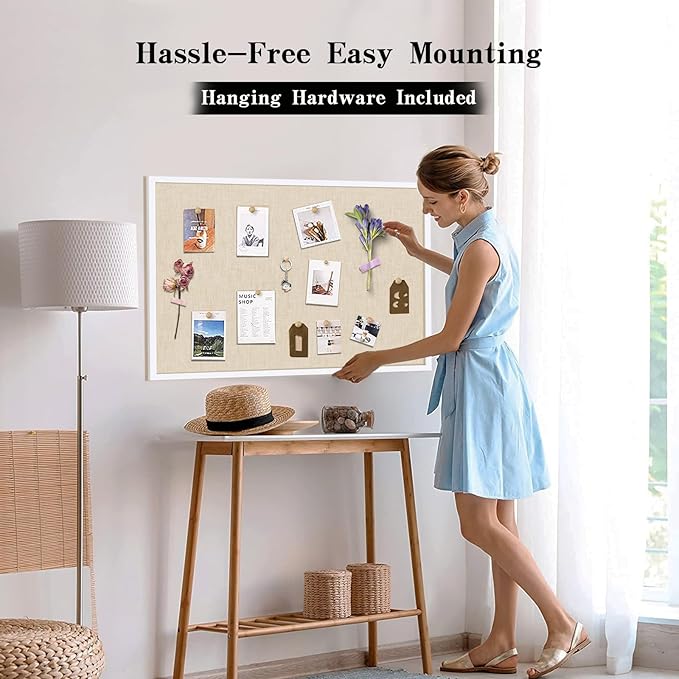 36''x24'' Inch Linen Cork Bulletin Board with Frame, Decorative Pin Board for Office Home and School Wall Decor