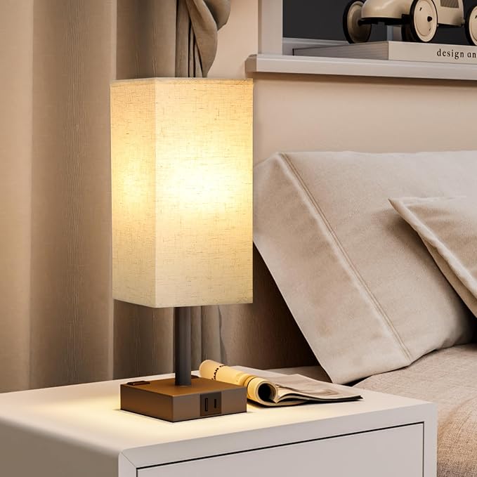 Touch Bedside Table Lamp For Nightstand - 3-Way Dimmable Night Lamp with USB A + Type C Charging Ports and two AC Outlets, Small Desk Light with E26 LED Bulb for Bedroom Living Room Dorm, BEIGE