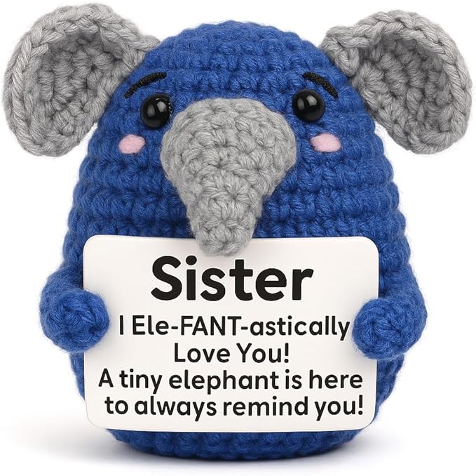 Funny Sister Gifts, Handmade Crochet Elephant Doll, Cute Emotional Support Animal Gift for Sister Bestie, Inspirational Love You Gift, Birthday Idea