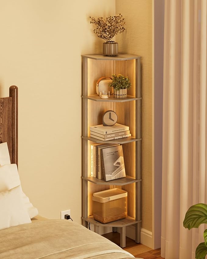 Corner Shelf Stand, 5 Tier Corner Bookshelf,Corner Furniture for Bedroom Display Corner Shelf for Small Space,Wood Shelves with Storage Rack for Living Room,Office,Gray