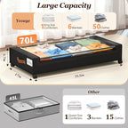 Yecaye 70L Under Bed Storage with Wheels, 3 Pack Larger Capacity Under Bed Storage Containers, Underbed Shoe Storage Organizer, Rolling Under Bed Metal Drawers for Clothes, Blankets, Black