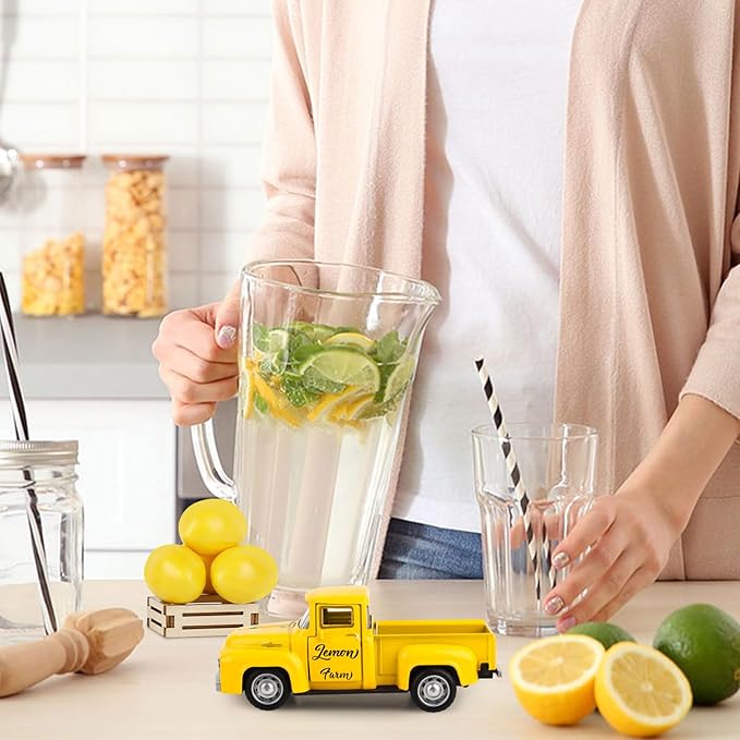 Lemon Truck Decor Vintage Metal Truck Tiered Tray Decor Lemon Party Decorations Summer Farmhouse Yellow Car with Mini Fake Lemons for Home Kitchen Tabletop Centerpiece Supplies