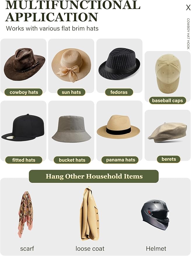 Cinati Cowboy Hat Rack for Wall 12 Pack, Cowboy Hat Holder Wall Mount, Western Rustic Metal Hats Hanger Hooks Organizer for Fedora,Sun Hats,Wide Brim, Extra Hooks for Baseball Caps,Western Room Decor