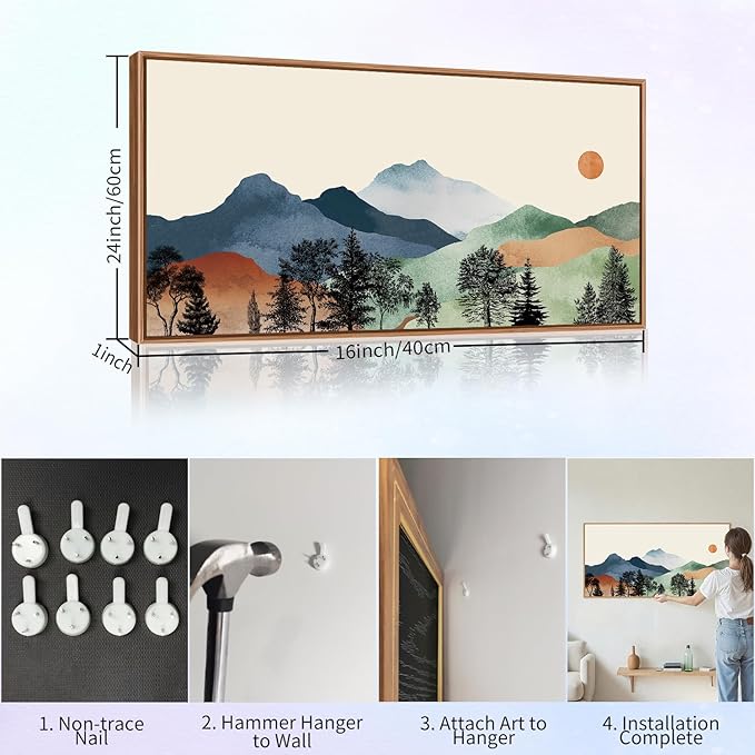 SIGNINART Boho Mountain Framed Canvas Wall Art, Watercolor Nature Landscape Art Prints, Modern Sunrise Art Paintings, Green Forest Wall Decor for Living Room, Bedroom, Office 20"x40"