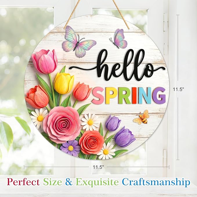 PETCEE Hello Spring Door Sign - 11.5" Welcome Spring Decor Front Door Signs with Floral Print Farmhouse Porch Sign for Home Wall Hanging Wreath Butterfly Bee Easter Indoor Outdoor Decorations