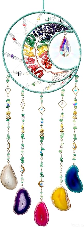 Large Dream Catchers, Chakra Tree of Life Dreamcatcher with Rainbow Healing Crystal Agate Suncatcher for Windows Hangings Prism Decoration Gifts for Adult Boys Bedroom Garden Room Decor