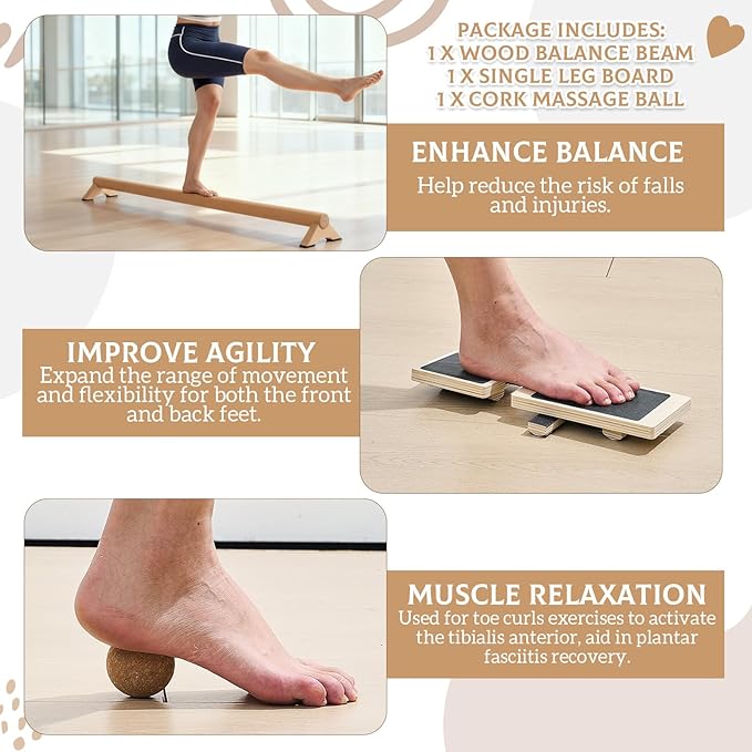 Balance Trainer Kit, 40 Inch Beech Wood Balance Beam with Adjustable Foot Trainers and Cork Massage Ball for Ankle Strengthening and Plantar Fasciitis Relief