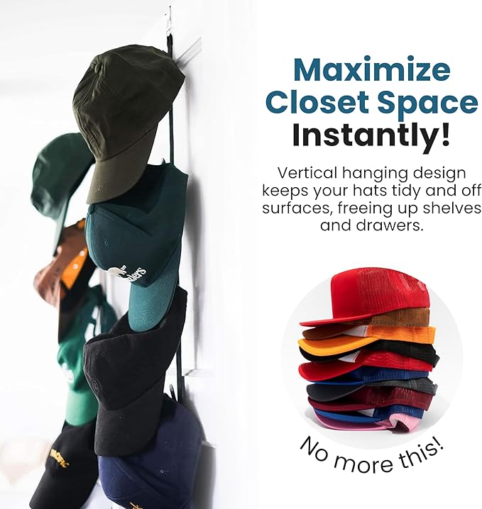 Jokari Over-the-Door Hat Rack Organizer 4 Pack – Holds Up to 32 Baseball Caps, Snapbacks, or Fitted Hats – Adjustable Closet Door Hat Storage with Hooks – No-Tool Installation for Men, Women, and Kids