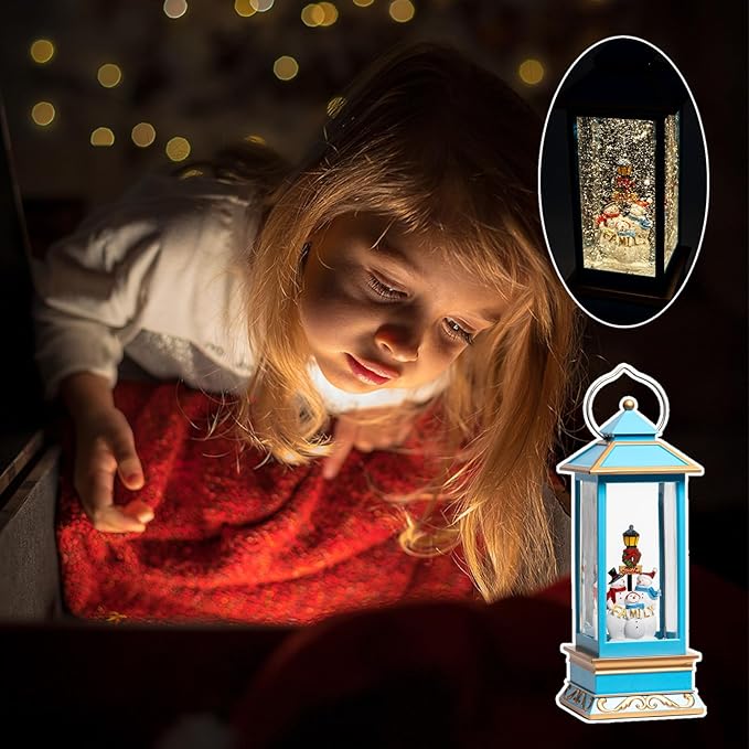 12" Christmas Snow Globe Lantern with Snowman - Water Swirling Glitter LED Light Lantern with Music - Vintage Xmas Gifts - USB Plug or Battery Operated Home Decor (Snowman family)