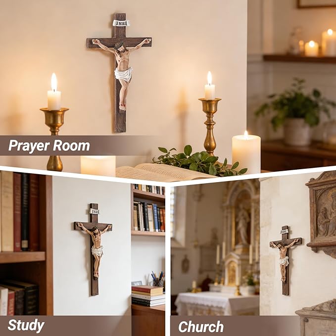 XUEMEKO Crucifix Wall Cross, 10.3" H Catholic Crucifix for Wall, Resin Jesus Cross Home Decor, Handcrafted Crucifijos Catolicos, Religious Wall Decor for Home Altar Church Gift