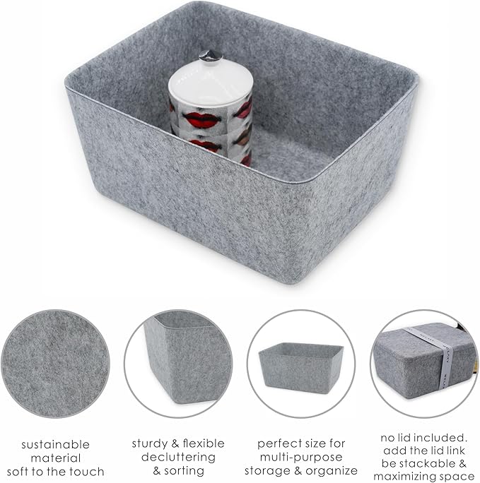 Welaxy Felt Storage Bin, Wide Deep Drawer Organizer Caddy for Makeup, Jewelry, Stationery, Closet & Bathroom, Minimalist Box (Gray Bin, M)
