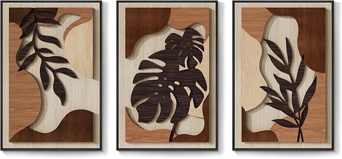 Framed Wood 3D Boho Textured Wall Art for Living Room, Large 3 Piece Carved Wooden Tropical Botanical Artwork for Walls, Brown Monstera Leaf Wood Bedroom Dining Room Home Office Wall Decor, 20x30 Inch