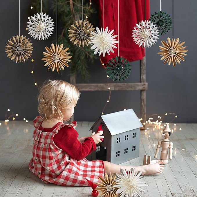9PCS Mini Christmas Snowflake Ornament - Christmas Paper Hanging Decorations, Paper Ornament for Xmas Tree, Boho Style Indoor Holiday Home Decor