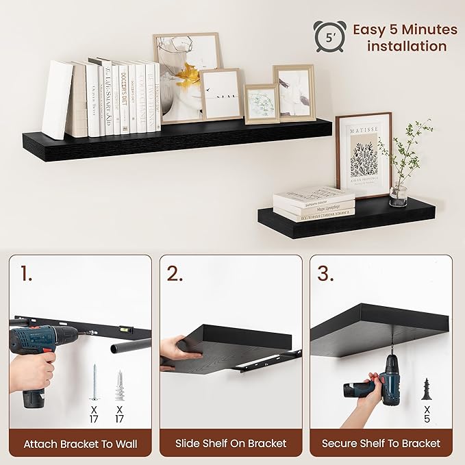 Vivelove 2 inch Thick Floating Shelves for Wall 48 Inches Long, 12" Deep Wall Shelves, for Bedroom, Bathroom, Living Room, Kitchen, Office, Modern Home Decor, 48" X 12" X 2", Set of 2, Black