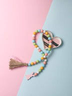 Easter Spring Wood Beaded Garland with Tassels and Bunny Tag Farmhouse Wooden Beads for Tiered Tray Decorations Holiday Country Rustic Prayer Boho Beads Rae Dunn Shelf Décor (Easter Bunny Pink)