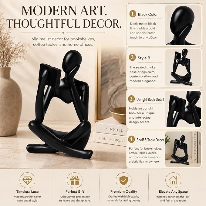 Black Bookshelf Decor Thinker Statue, Abstract Reading Figurine Style B, Resin Decorative Bookend for Coffee Table, Shelf, Home Office, Library