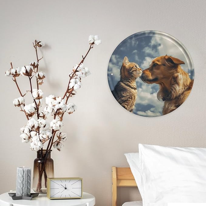 Wall Picture, with Dog and Cat Face to Face Printed Circular Iron Hanging Picture,Wall Art Decor,Home for Bedroom Living Room Bathroom Decor,Iron Painting 11.8X11.8 in