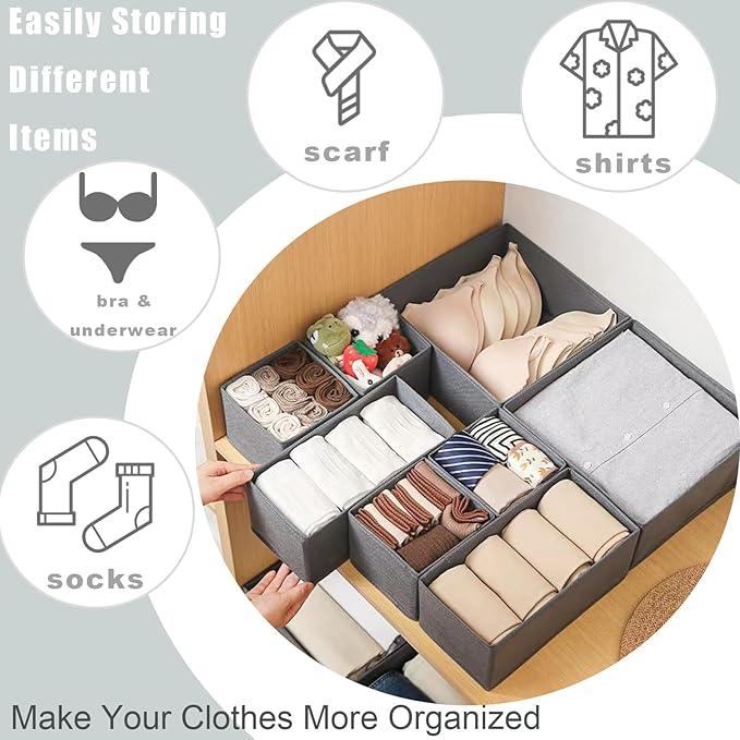 Drawer Organizer Clothes 8 Pack Clothes Organizer Dresser Drawer Organizers for Socks Underwears Bras Foldable Closet Organizers and Storage Fabric Storage Dividers for Nursery Bedroom, Gray