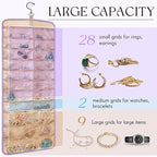 2 Pack Hanging Jewelry Organizer Storage with 39 Pockets, 30 Necklace Hooks Double Sided Wall Mount Earring Holder Organizer Bracelet Necklace Jewelry Display Hanger for Closet Door (Purple)