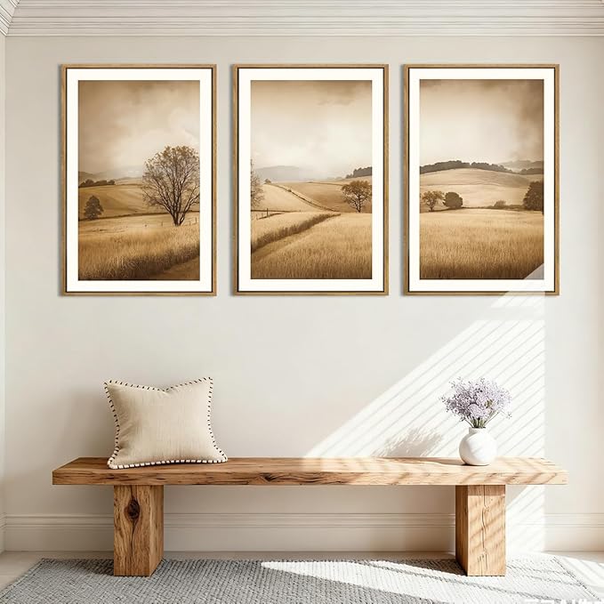 BINCUE Framed Countryside Wall Art Rustic Village Wall Decor Farmhouse Landscape Art Print Nature Countryside Artwork Rustic Landscape Wall Pictures for Living Room Bedroom Office Farmhouse 16x24 Inches Set of 3 Gift