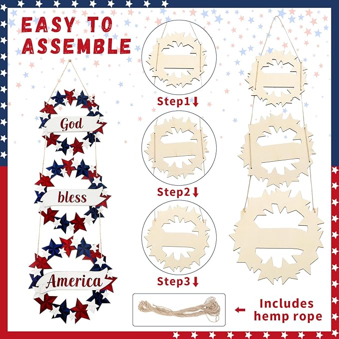 Peryiter 4th/Fourth of July Decoration 27 Inch Patriotic Wreath for Front Door Wooden Red White and Blue Star Sign Memorial Day God Bless America Decor for Porch Wall Outside, Assembly Required