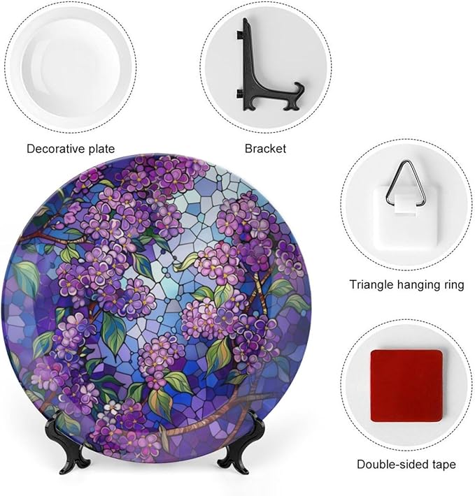 Stained Glass Theme Decorative Ceramic Plate Round Porcelain Plate,7 inch,Lilac Pattern,for Decorative Ornaments Giving Plates, 1 Plate with 1 Display Stand,Purple
