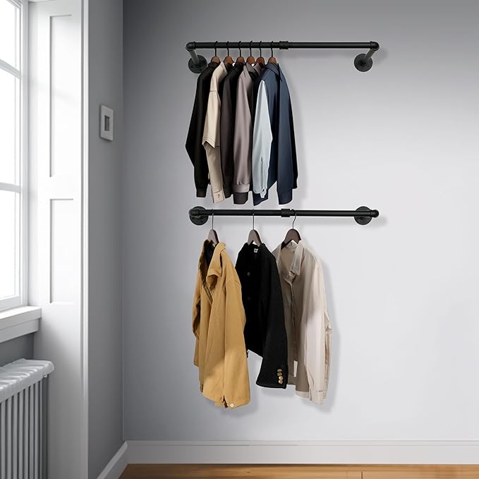 WEBI Clothing Rack Wall Mount,24" Industrial Pipe Clothes Rack for Hanging Clothes,Heavy Duty Iron Garment Rack Bar,Retail Display Clothes Rod for Closet,Laundry Room,Black,2 Packs