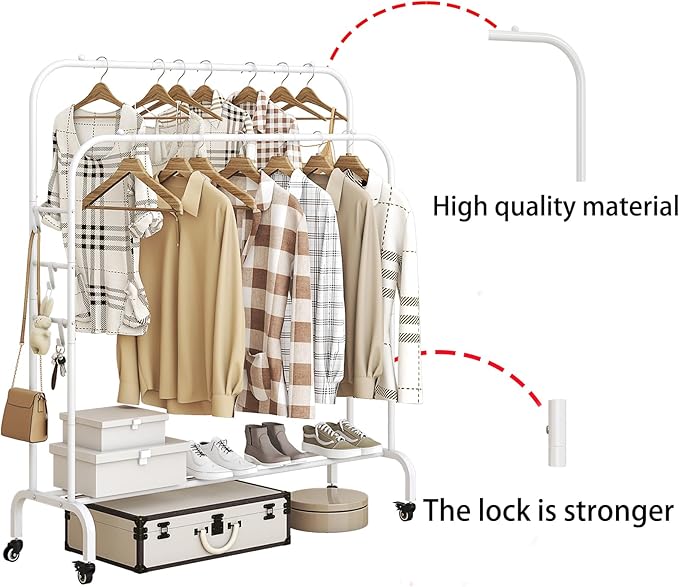 SUOERNUO Garment Rack with Wheels Clothing Rack for Hanging Clothes Multi-functional Bedroom Clothes Rack，White+Double Rods