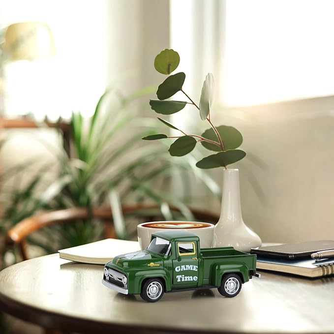 Football Metal Truck with White Football Helmet Farmhouse Vintage Green Truck Decor for Room Farm Metal Car Home Decors Mini Vintage Car Collectible Gift for Home Desk Bookshelf