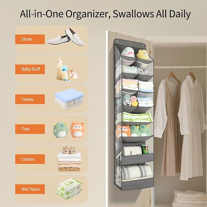 Yecaye 2 Pack 8 Tier Over the Door Organizer Hanging with Large Pockets, Back Door of Storage for Nursery, Closet and Bathroom, Partition Behind Door Shoe Organizers Shelf with Baby Clothes, Grey
