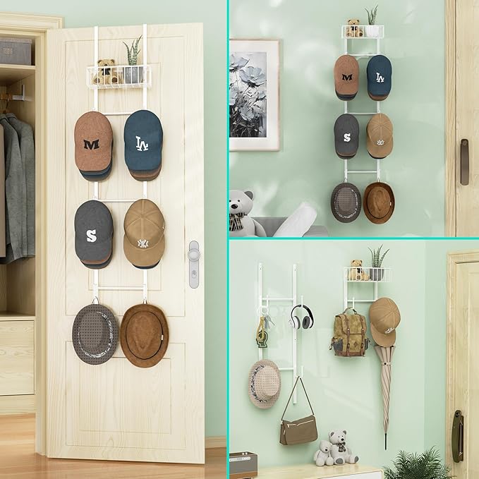 HapiRm Over Door Hat Rack - 2 Packs Wall Mounted Hat Holder with 6 Hooks and Metal Basket Design, Baseball Cap Organizer Storage Up to 32 Caps for Door, Bedroom, Closet, White