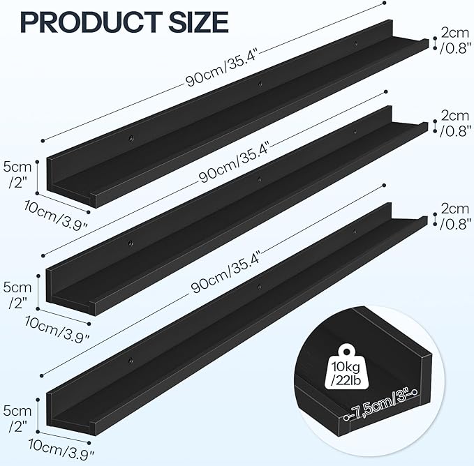 HOOBRO Floating Shelves, Wall Shelf Set of 3, 35.4 Inches Hanging Shelf with Raised Edge and Invisible Brackets, for Bathroom, Bedroom, Kitchen, Office, Living Room Decor, Black BK90BJ01