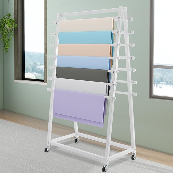 15 Tier Ribbon Holder Organizer Rack, Movable Scarf Towel Holder, Double-Sided Scarf Rack with Lockable Wheels, Floor Standing Ribbon Organizer for Craft Room Cake Shop Flower Store (White)