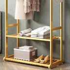 Gold Clothing Rack,Metal Garment Rack with Bottom Storage Shelves and 6 Side Hooks,modern Sturdy clothes racks for hanging clothes,Freestanding Wardrobe Rack for Bedroom or Boutique (L:23.6in)