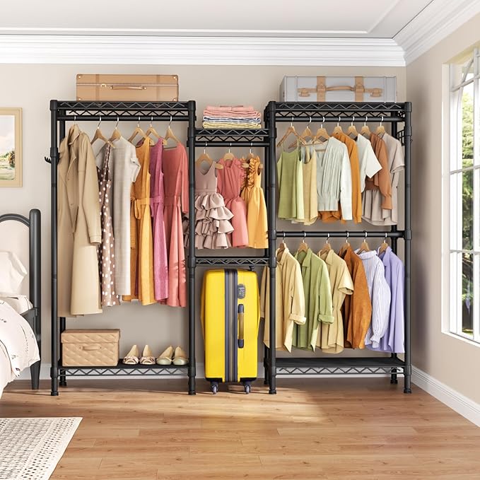 Heavy Duty Garment Rack Clothes Rack,Large Metal Closet Organizer System Storage Wardrobe,Freestanding Clothing Rack Black 15.75" D x 77.5" W x 77" H