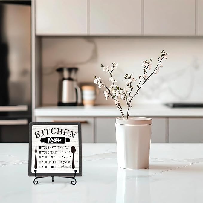 DETIHO Farmhouse Kitchen Decor Wooden Plaque, Above Cabinet Decor, Rustic Wooden Sign with Iron Stand for Home Kitchen Table Shelf Decoration - G03