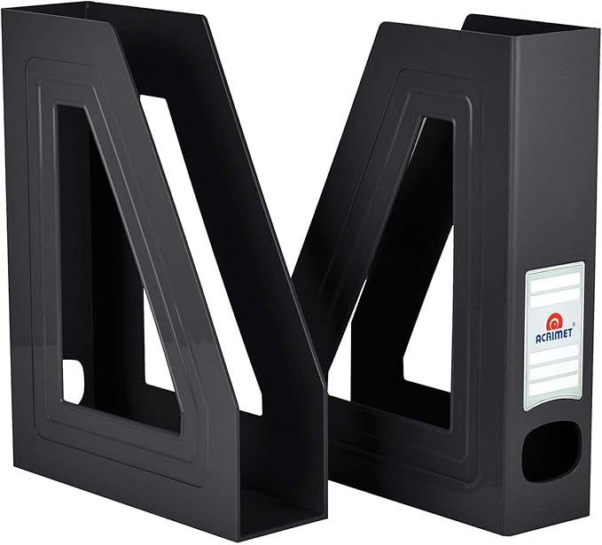Acrimet Magazine File Holder Bin Storage, Vertical Rack for Documents, Folders and Mail, Durable Plastic Desk Organizer for Office & Home (Black Color) (2 Pack)