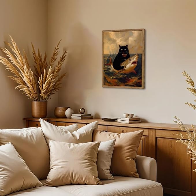 Funny Black Cat Wall Art Whimsical Cat Riding a Shark Wall Decor Picture Unique Animal Ocean Poster Canvas Painting Prints for Bedroom Living Room 12x16 inch Framed